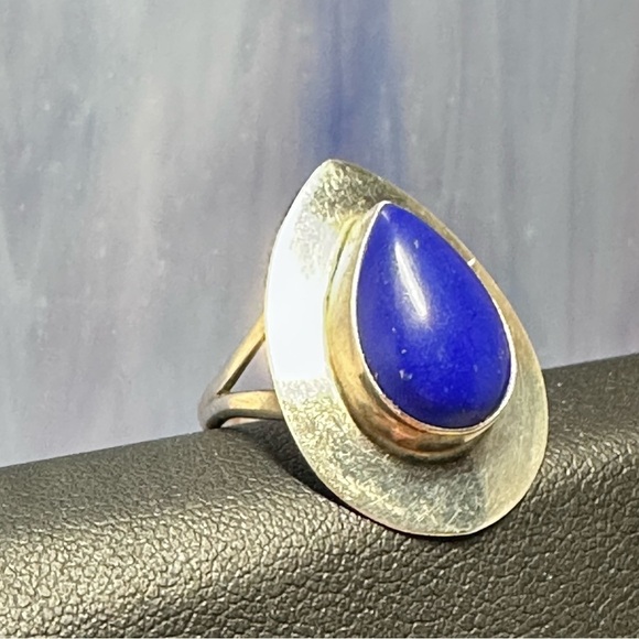 Lapis lazuli ring bezel set teardrop sterling silver signed “L” size 7.5 5505 Y - Picture 11 of 13